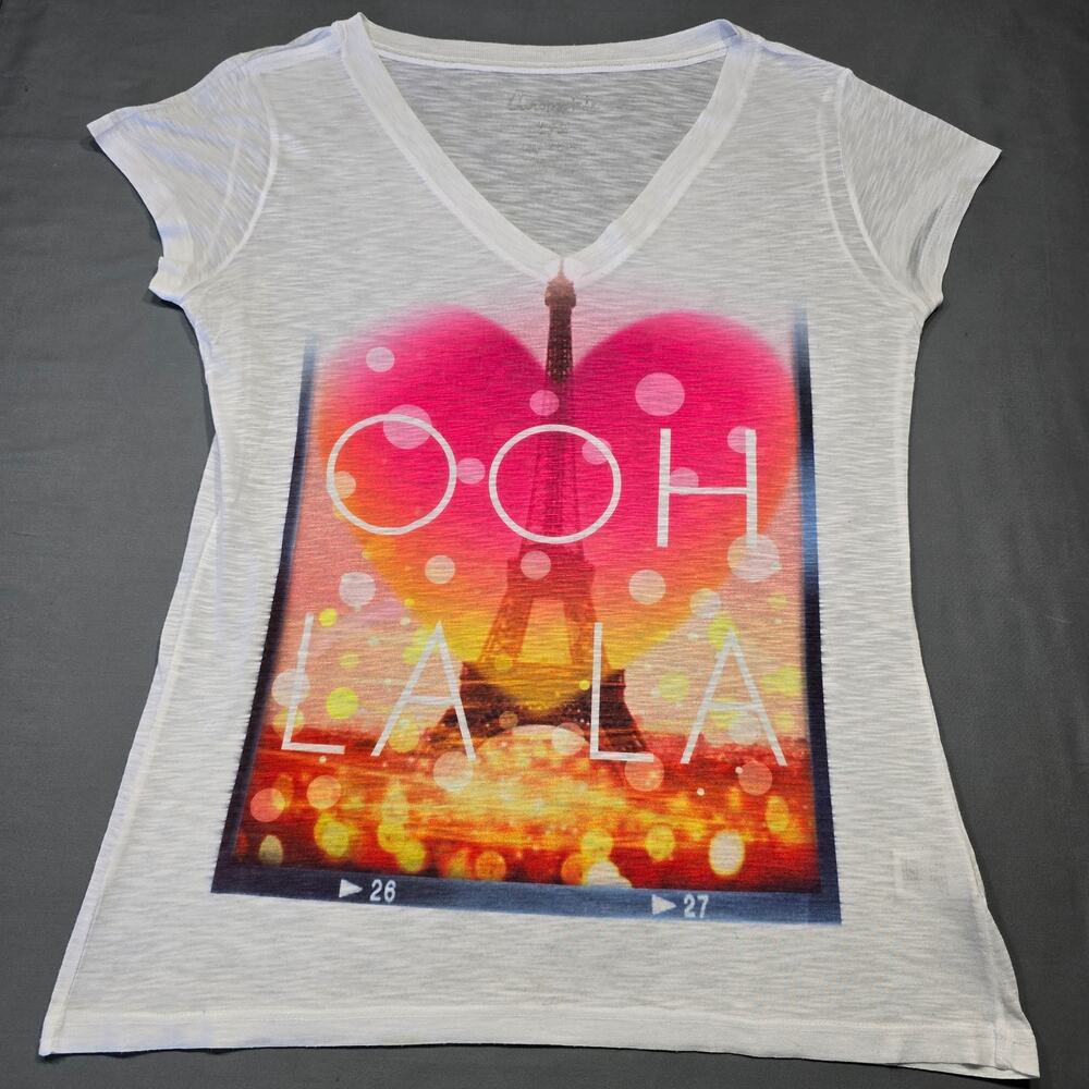 Aeropostale White Eiffel Tower Printed Shirt Classic Tee Women Size L Cap Sleeve
